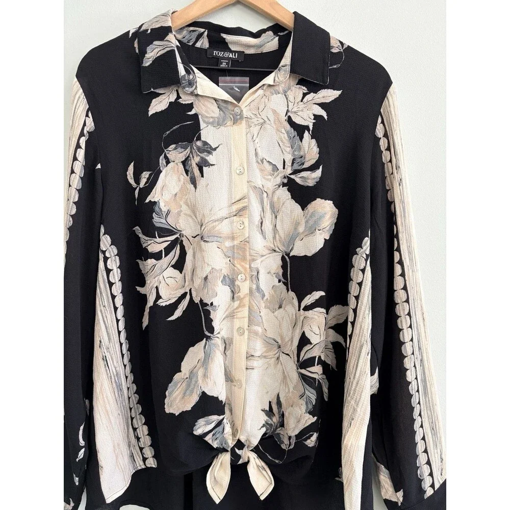 Roz & Ali Blouse Black Floral Tie Front Long Sleeve Button Top New - Picture 2 of 6